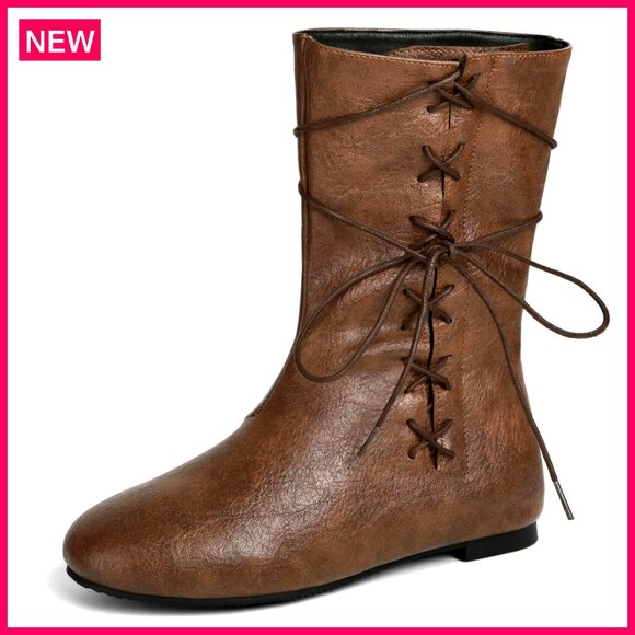 Vintage Lace Up Ankle Boots Round Toe Flat Heel Pirate Costume Boots